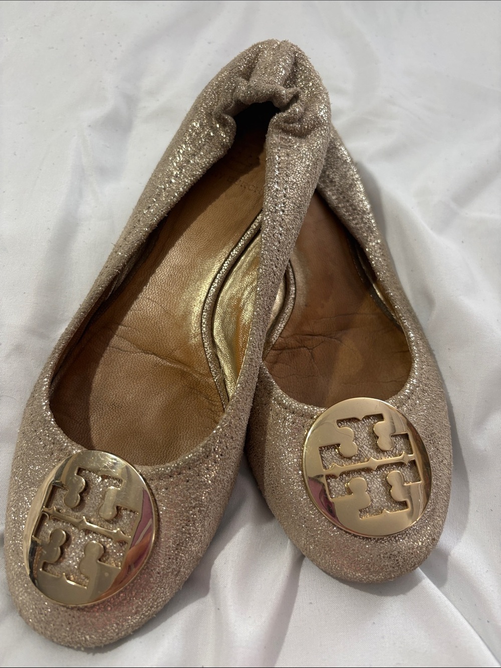 Tory Burch Champagne Glitter Logo Ballet Flats